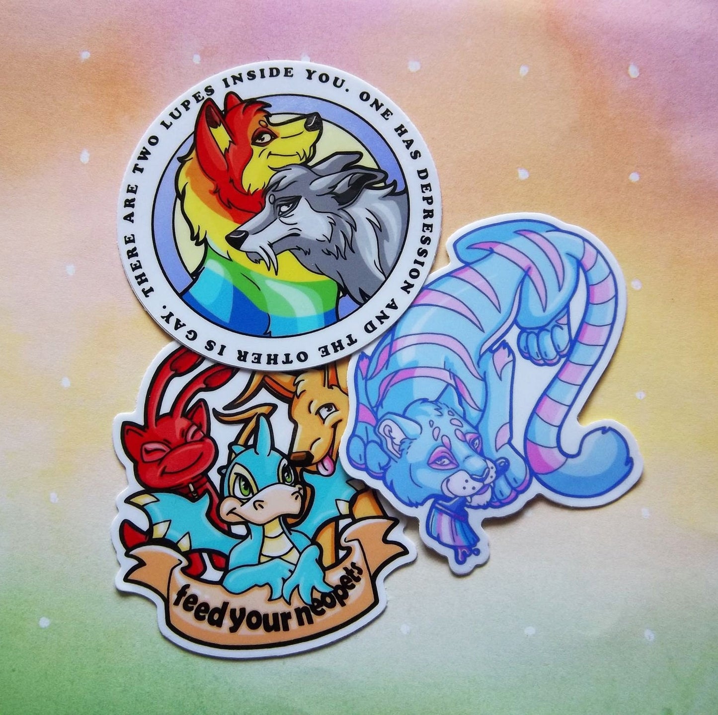 Transgender (Striped) Kougra Neopets Stickers Original Art - 3" Glossy Durable Vinyl