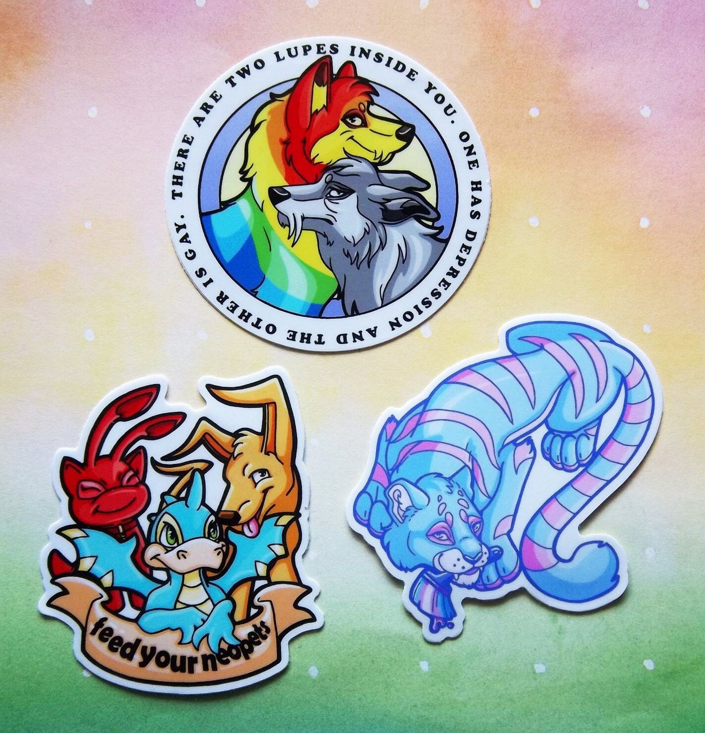 Transgender (Striped) Kougra Neopets Stickers Original Art - 3" Glossy Durable Vinyl