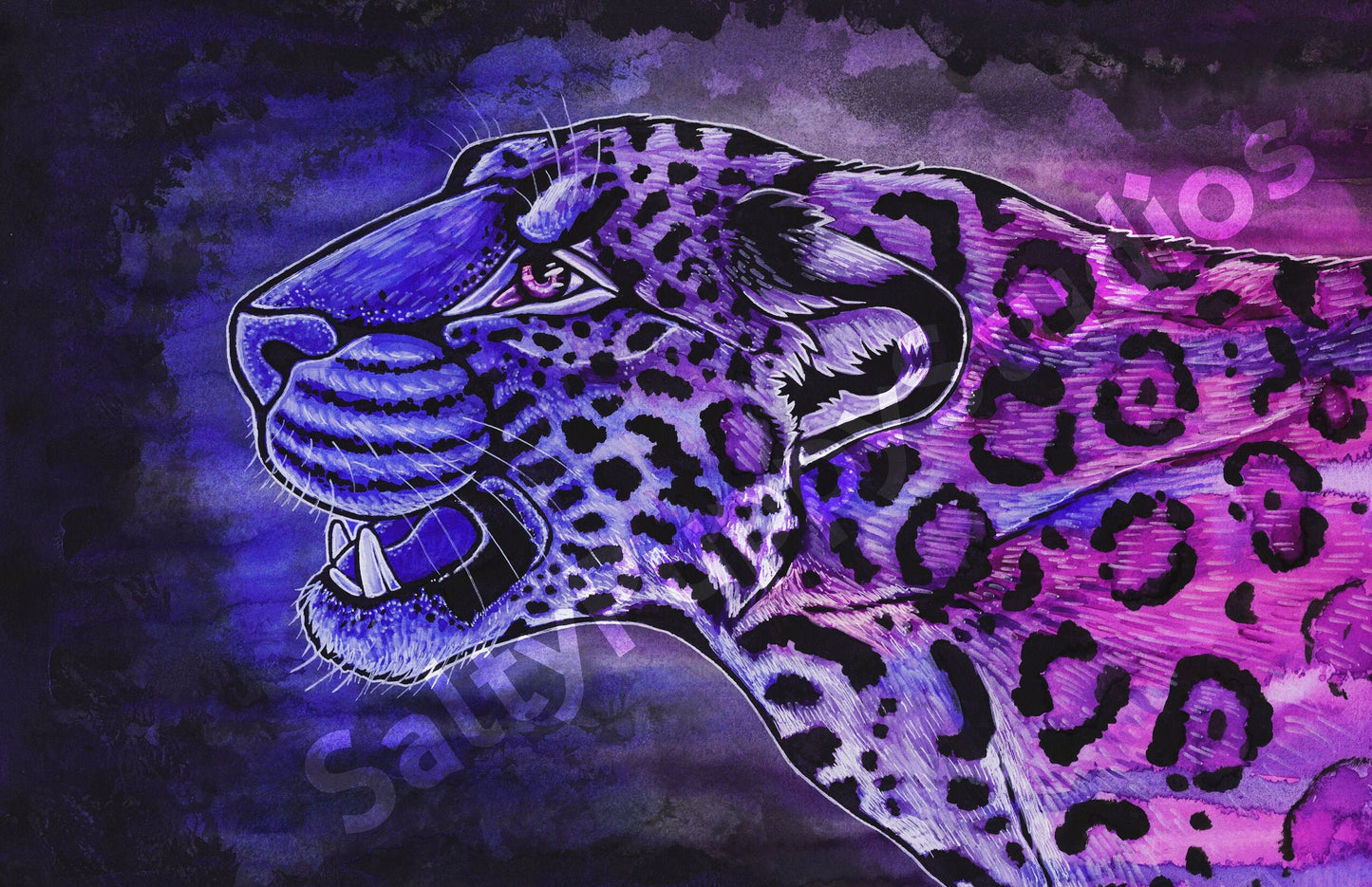 Jaguar Watercolor (Lisa Frank Inspired) Mixed Media Print 11 x 17 Fine Art Hand Signed