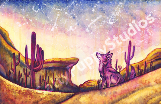 Sunset Coyote Wolf Arizona Desert Western Watercolor Mixed Media Print 11 x 17 Fine Art Hand Signed