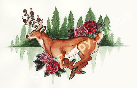 White Tailed Deer and Roses Watercolor Mixed Media Print 11 x 17 Fine Art Hand Signed